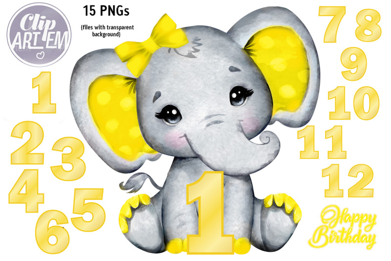 canary-yellow-elephant-baby-12-month-numbers-15-pngs-clip-art