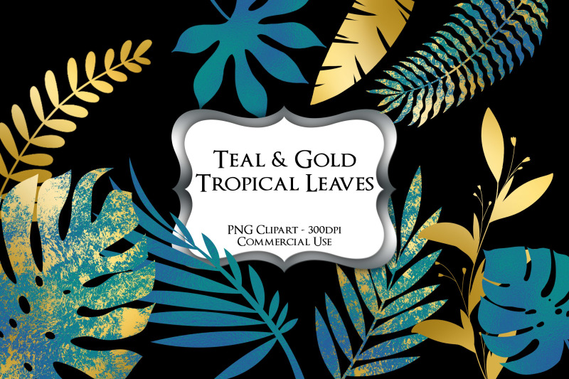 teal-amp-gold-tropical-leaves-png-clipart