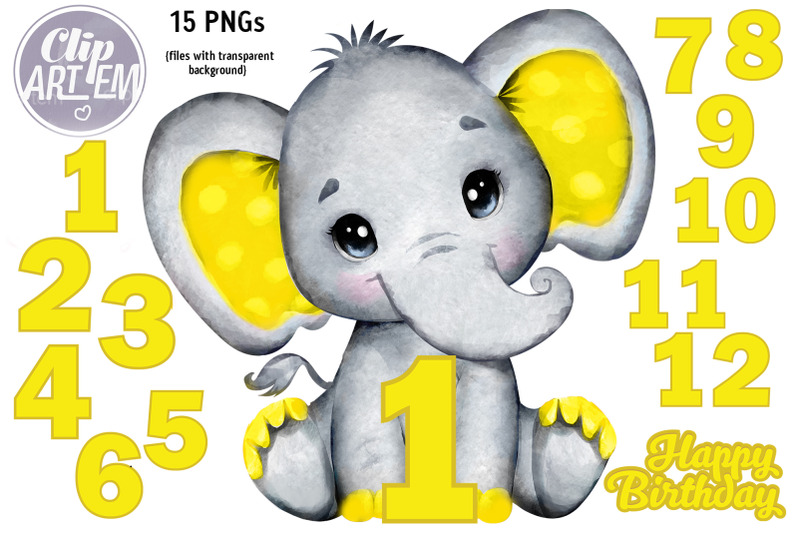 unisex-boy-girl-yellow-elephant-12-numbers-15-png-clip-art-bundle