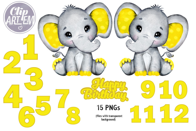 unisex-boy-girl-yellow-elephant-12-numbers-15-png-clip-art-bundle