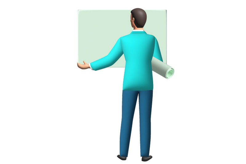 3d-business-man-stand-with-his-back-holding-empty-sheet-paper-and-roll