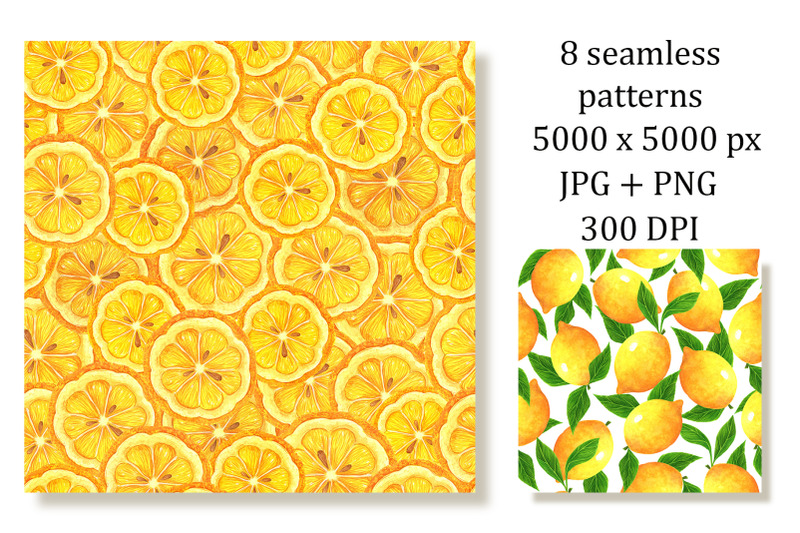 lemon-seamless-patterns-set-watercolor-digital-paper