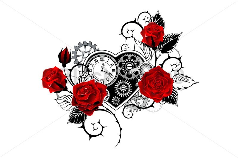 mechanical-heart-with-red-roses