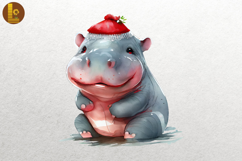 watercolor-cute-hippo-in-santa-hat-xmas