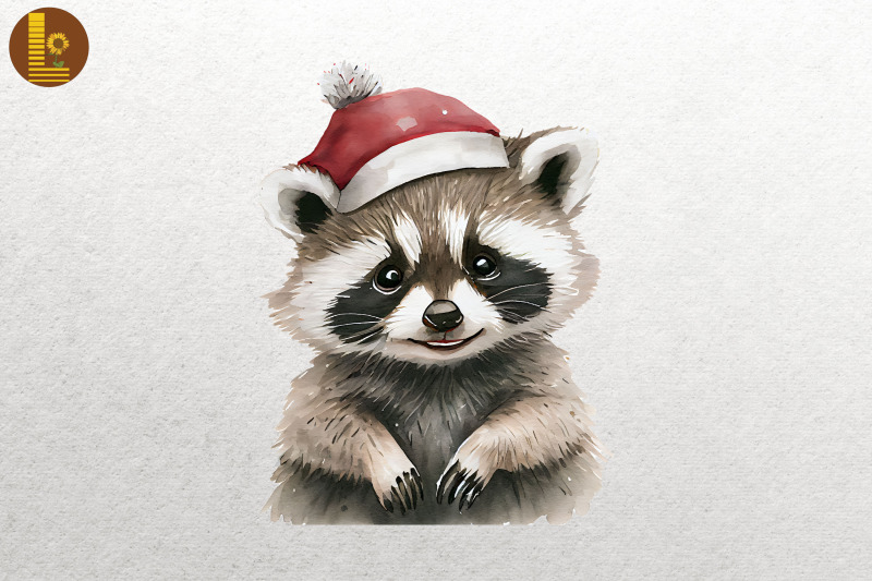 watercolor-cute-racoon-in-santa-hat-xmas