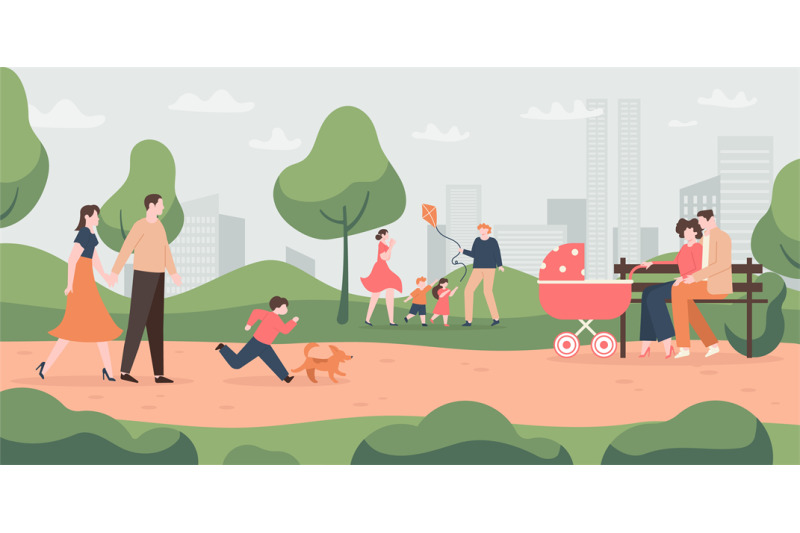 cartoon-family-playing-and-walking-with-kids-in-park-parents-with-chi