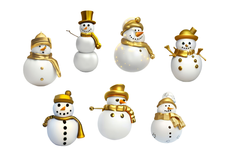 3d-white-and-gold-christmas-snowmen-and-ornaments-clipart