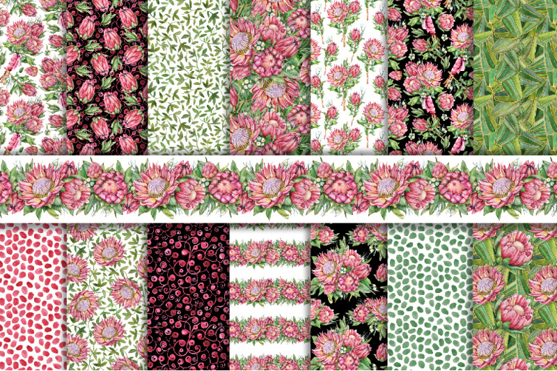 protea-flowers-watercolor-digital-paper-with-seamless-patterns