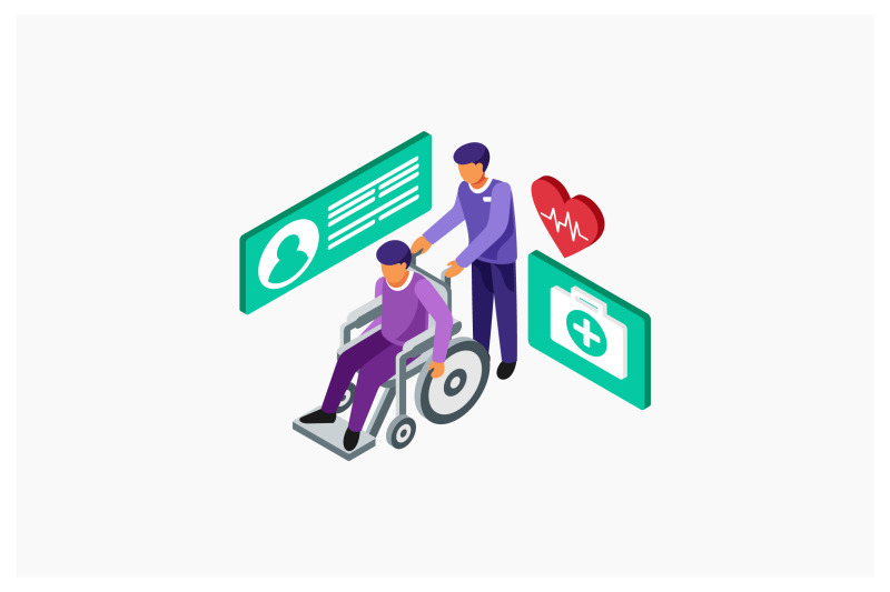 isometric-carry-a-patient-in-a-wheelchair-vector-illustration