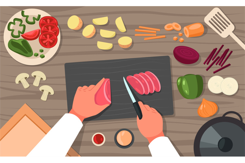 cooking-top-view-chef-preparing-chopping-food-on-table-plate-and-boa