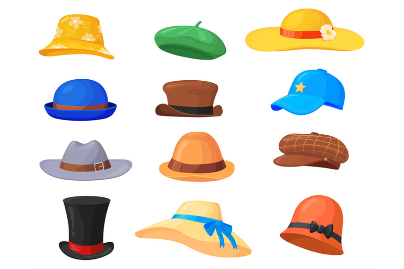 cartoon-headgears-hats-fashion-clothes-man-and-woman-headwear-summe