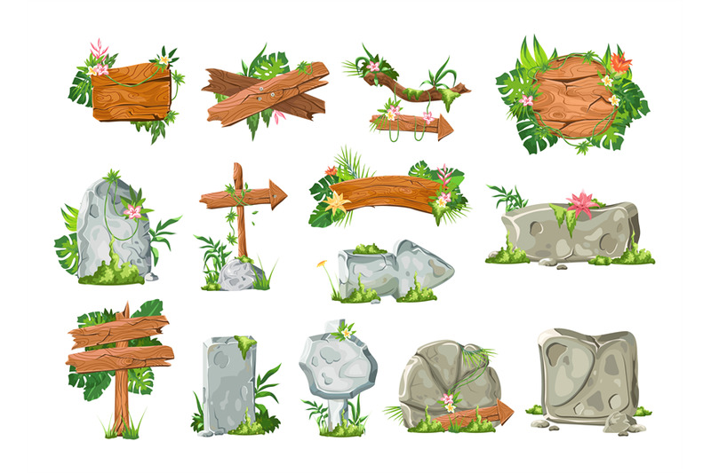 jungle-stone-signs-cartoon-game-wood-board-bamboo-with-tropical-lian