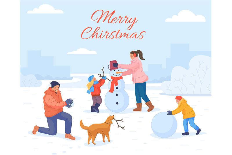 family-making-snowman-winter-play-people-build-christmas-snow-man-ha