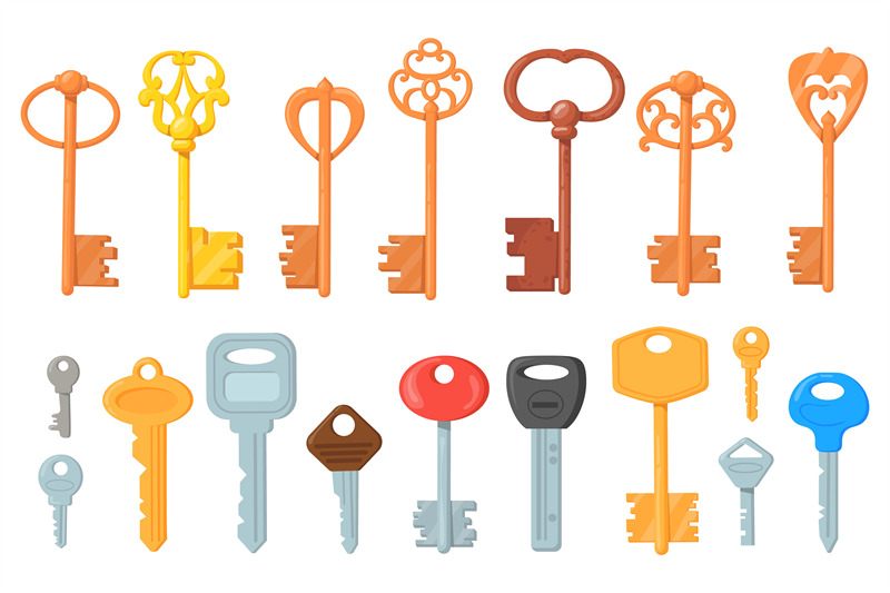 cartoon-door-keys-golden-ancient-brass-old-classic-magic-vintage-key