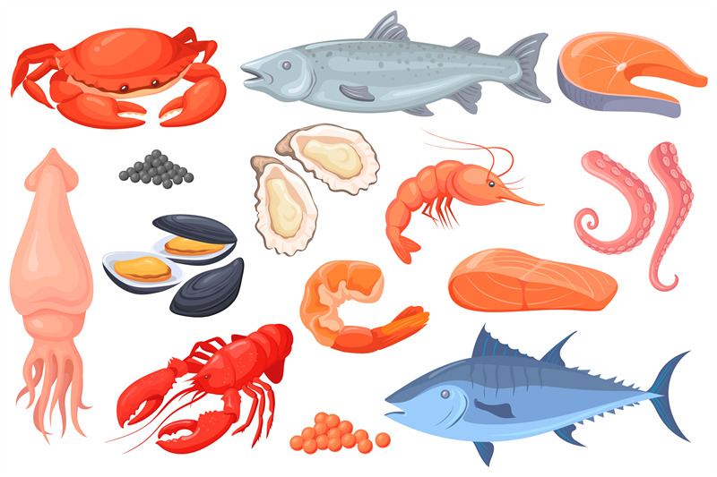 cartoon-raw-seafood-sea-fish-gourmet-food-crayfish-squid-shrimp-salm