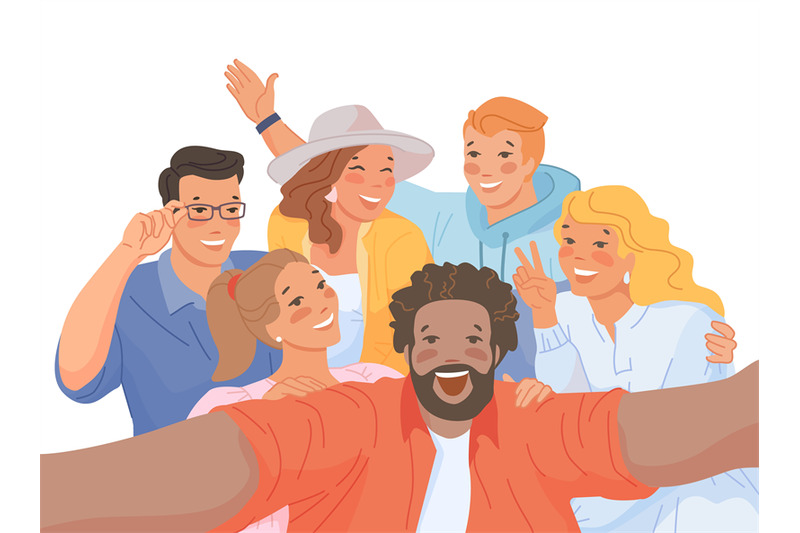 group-selfie-of-friends-cartoon-people-making-joint-photo-portrait-on