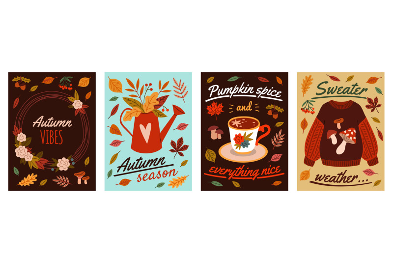 cartoon-autumn-elements-cards-fall-mood-posters-yellow-orange-leaves