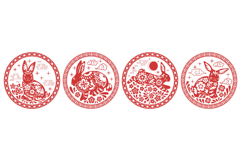 chinese-zodiac-rabbits-labels-red-rounds-emblems-with-astrological-an