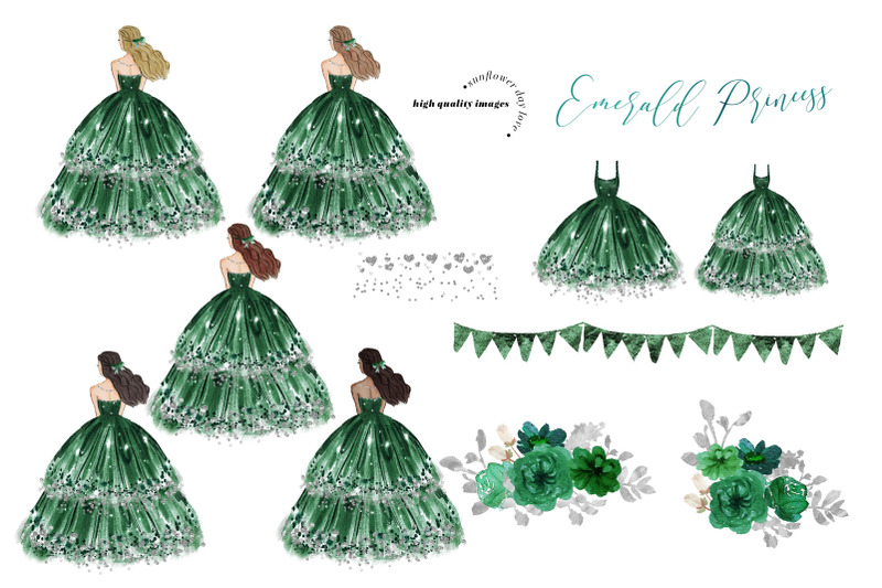 emerald-green-princess-dress-clipart-green-flowers-watercolor