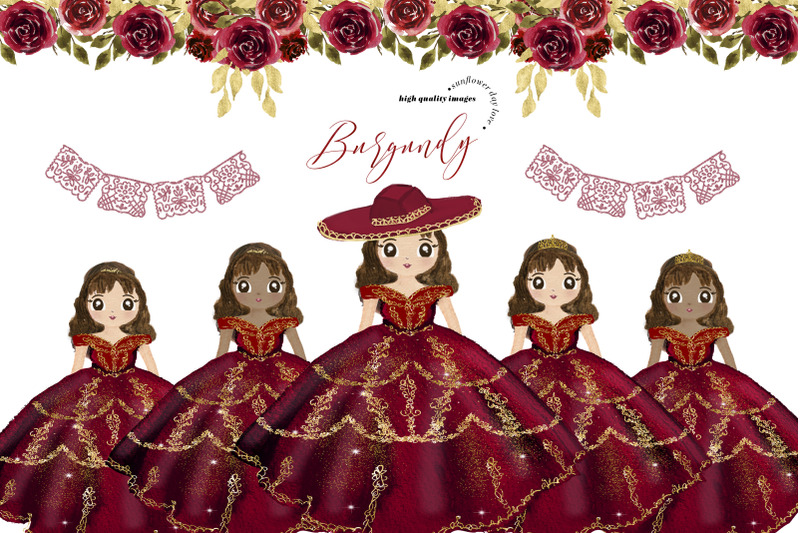 burgundy-amp-gold-princess-little-girl-dresses-clipart