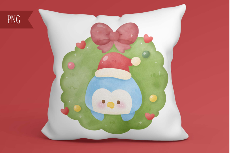 christmas-wreath-watercolor-and-cozy-winter-animal-kawaii-clipart