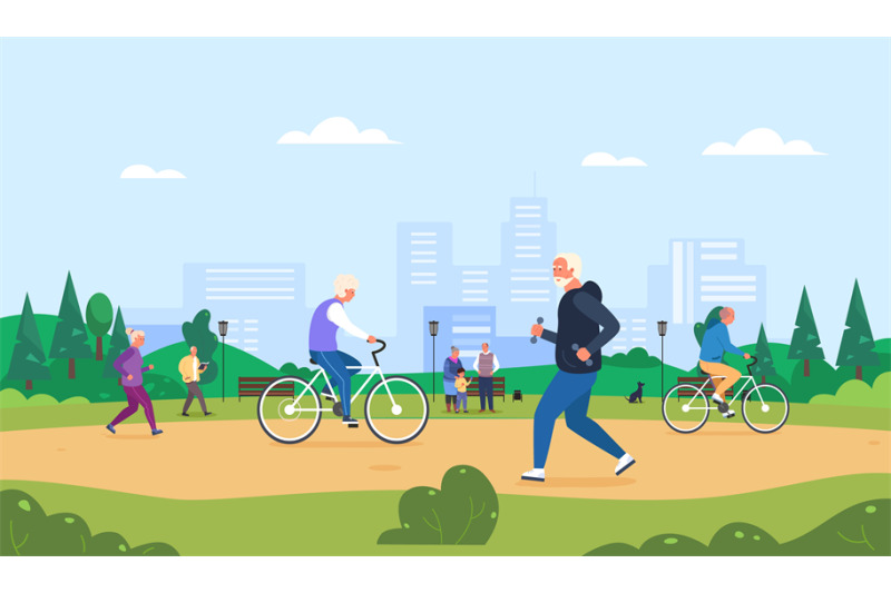 elderly-activity-park-senior-people-running-elder-cyclist-on-bicycle