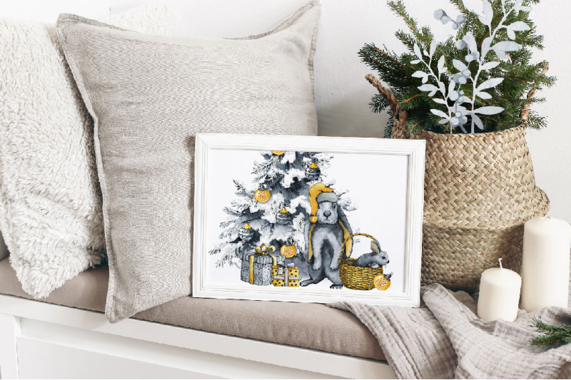 christmas-bunny-with-tree-and-gifts-rabbit-in-a-basket-winter-scene