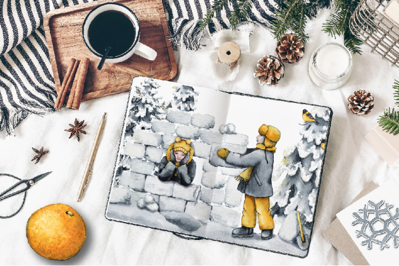 children-playing-outside-winter-snow-fort-watercolor-clipart