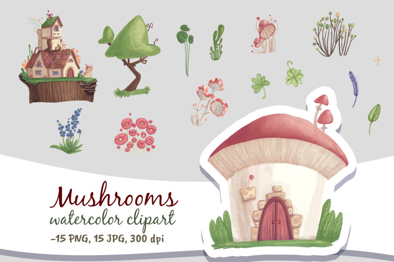 mushrooms-house-forest-watercolor-clipart-fairytale-woodland-plants-vi
