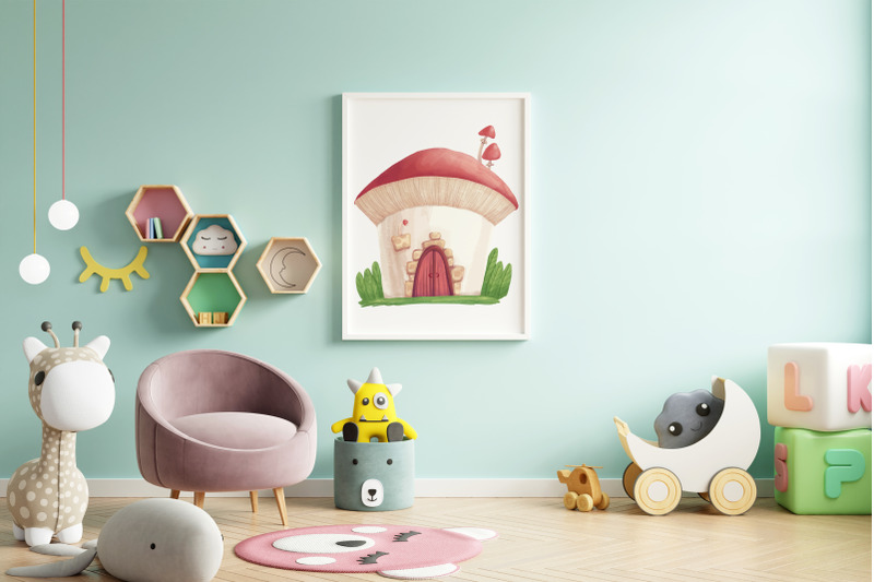 mushrooms-house-forest-watercolor-clipart-fairytale-woodland-plants-vi