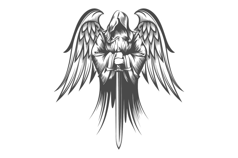 angel-with-wings-holds-sword-engraving-tattoo