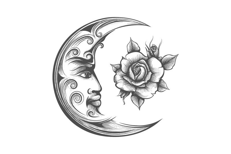 crescent-moon-and-rose-flower-esoteric-symbol-illustration