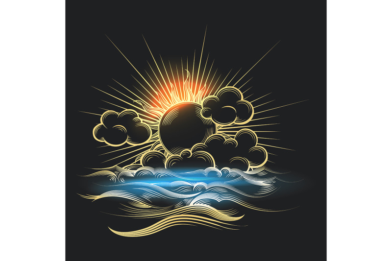 golden-sun-and-sea-on-black-background-engraving-illustration