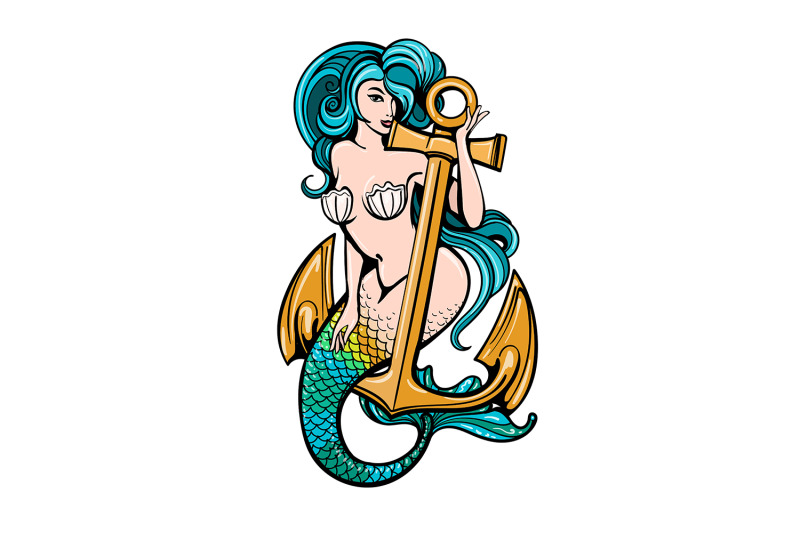 mermaid-sitting-on-ship-anchor-colorful-tattoo
