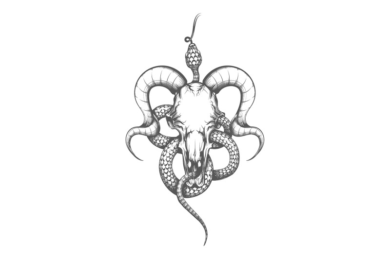 goat-skull-and-snake-etching-tattoo-isolated-on-white