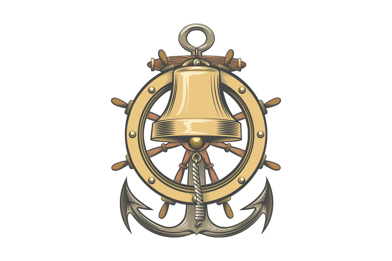 hand-drawn-tattoo-of-ship-bell-with-steering-wheel-and-anchor