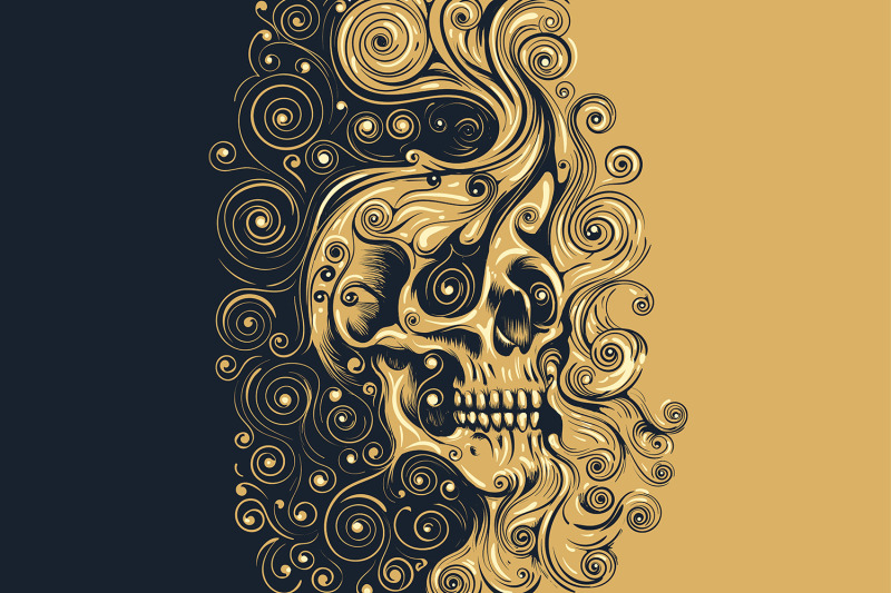 human-skull-emblem-swirls-ornament-colored-design