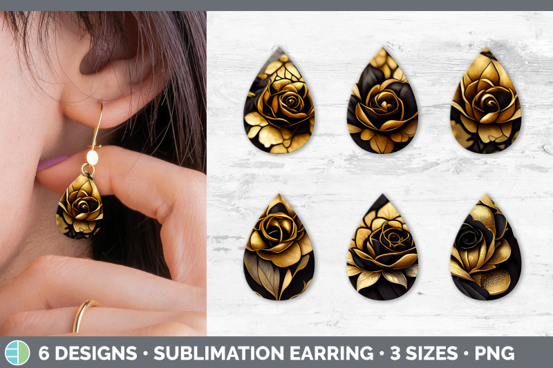 black-and-gold-rose-teardrop-earring-sublimation-designs-bundle