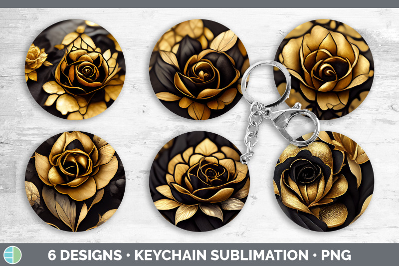 black-and-gold-rose-keychain-bundle-keyring-sublimation-designs