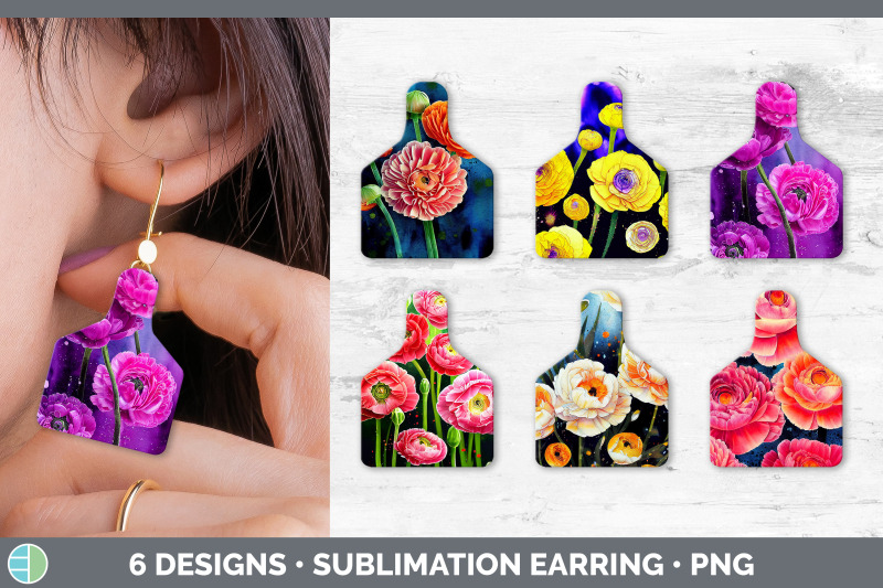 ranunculus-flowers-cow-tag-earring-sublimation-cattle-ear-tag