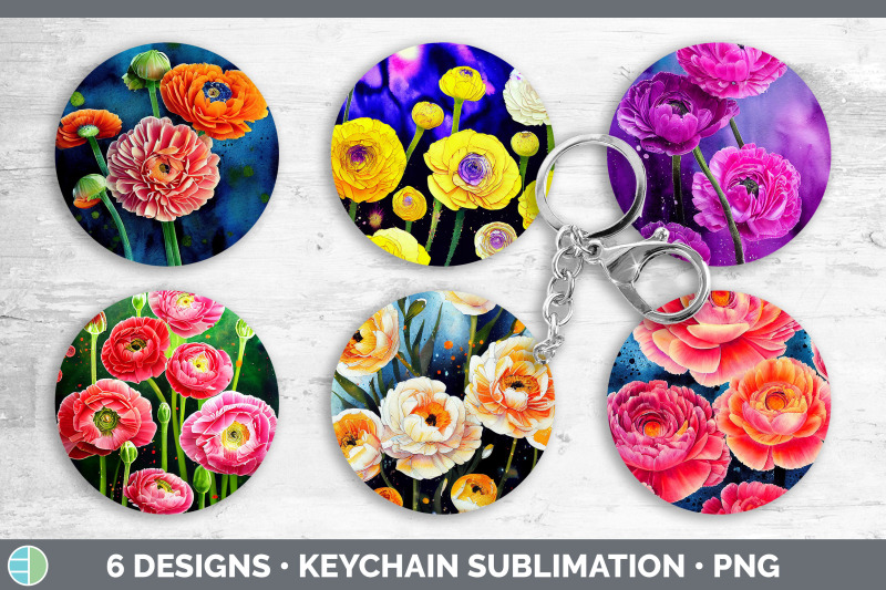 ranunculus-flowers-keychain-bundle-keyring-sublimation-designs