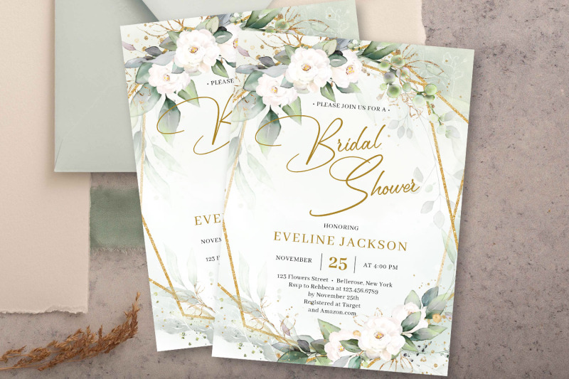 boho-greenery-and-white-roses-gold-frame-bridal-shower-invitation-psd