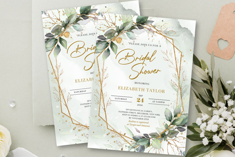 boho-greenery-eucalyptus-leaves-gold-frame-bridal-shower-invite-meira