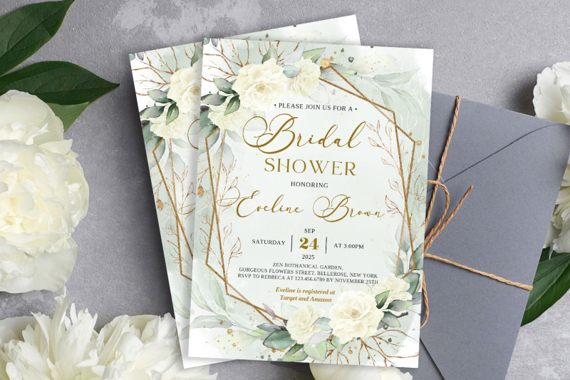 boho-greenery-foliage-white-roses-gold-frame-bridal-shower-invite-simy