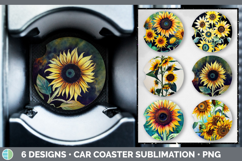 sunflowers-car-coaster-sublimation-designs-bundle