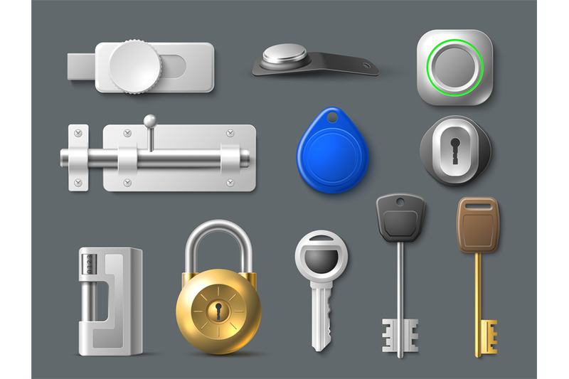 realistic-keys-and-locks-3d-isolated-metal-door-locks-latches-for-do