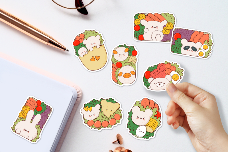 Bento Box Kawaii stickers | 8 png printable By KislinkaArt | TheHungryJPEG