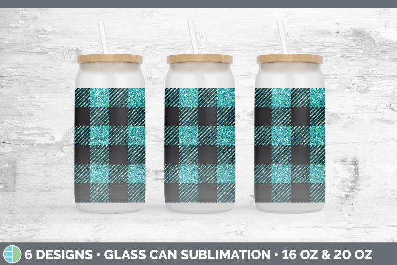 teal-buffalo-plaid-glass-can-sublimation-beer-mason-jar