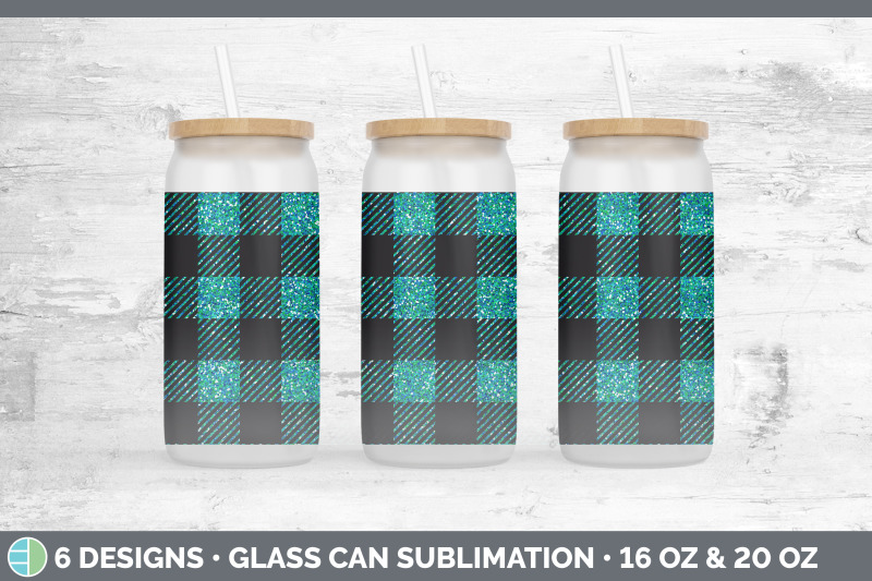 teal-buffalo-plaid-glass-can-sublimation-beer-mason-jar