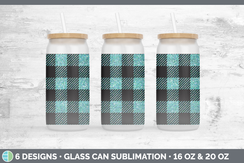 teal-buffalo-plaid-glass-can-sublimation-beer-mason-jar